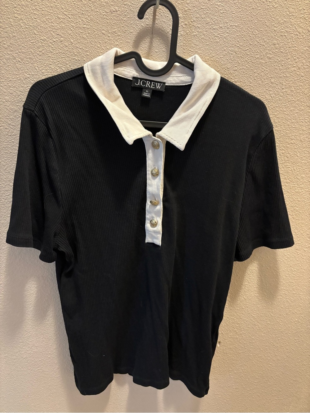 J.Crew Black Polo Shirt with White Contrast Collar and Gold Buttons